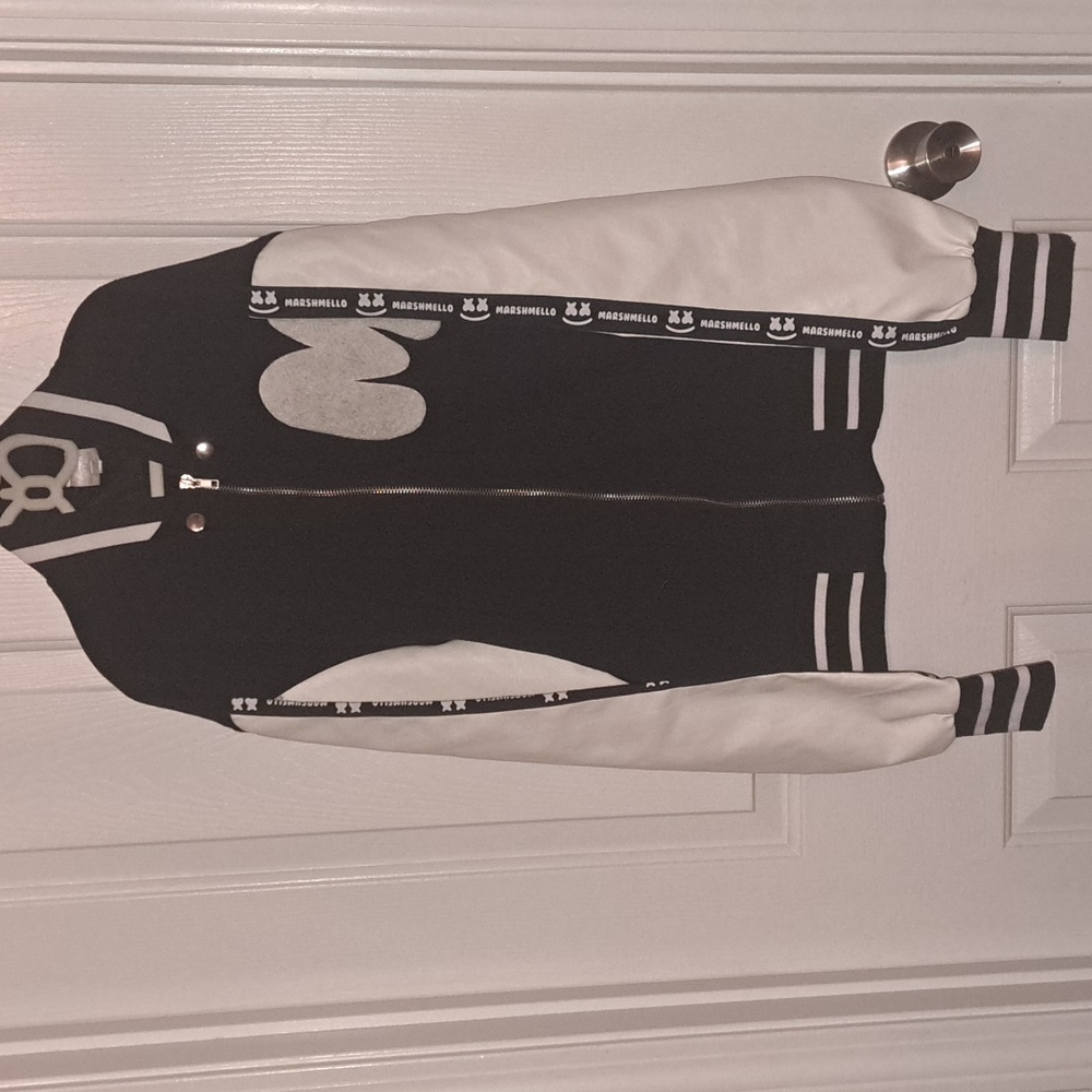 Black Bomber Varsity Jacket with White Accents Marshmallow